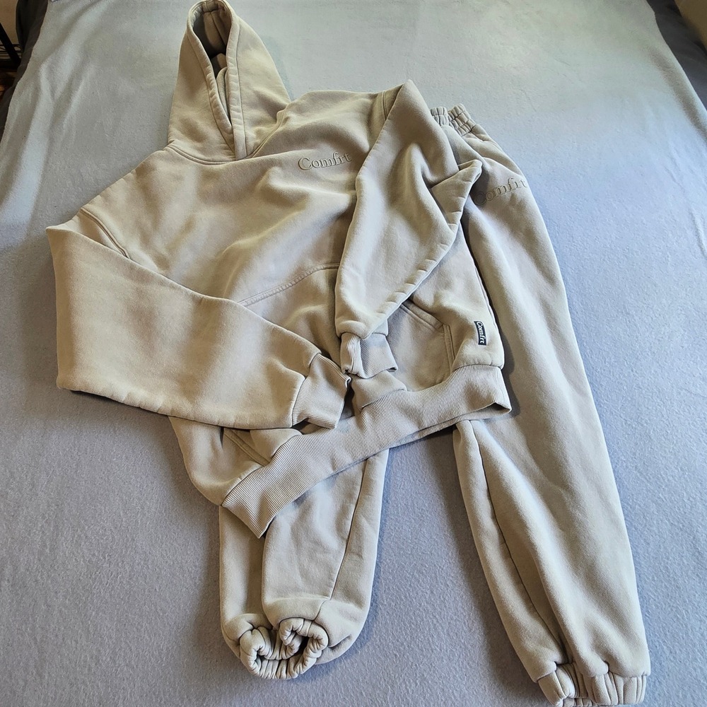 Comfrt Hoodie‎ Sweatpants Set Unisex Medium Sand Beige Fleece Lined Jogger
